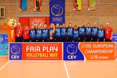 Medal Ceremony, CEV 2016 European Championships - U19 Women's Finals, University of Edinburgh Centre for Sport and Exercise, Sun 3 Apr 2016. © Michael McConville http://www.volleyballphotos.co.uk/2016/CEVFIVB/SCD-U19W/Ceremony
